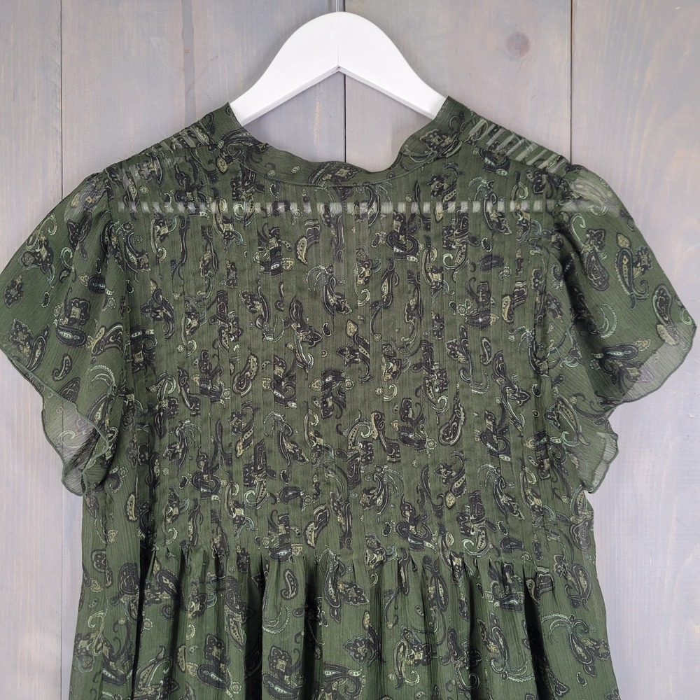 Jacob Paisley Sheer Babydoll Blouse Women Medium Green Short Sleeve Pleated - Picture 5 of 8